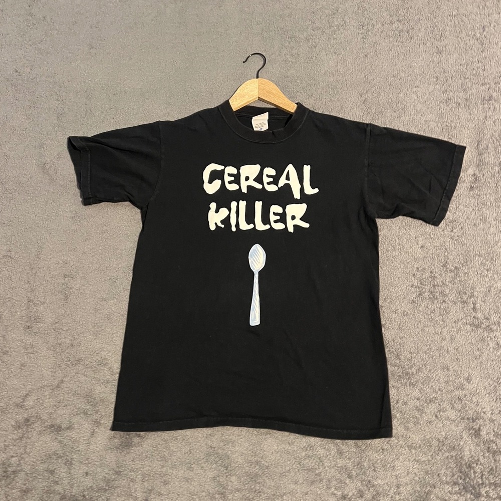Vintage Cereal Killer Graphic Shirt Mens Medium Black Spoon Funny Pun Tee